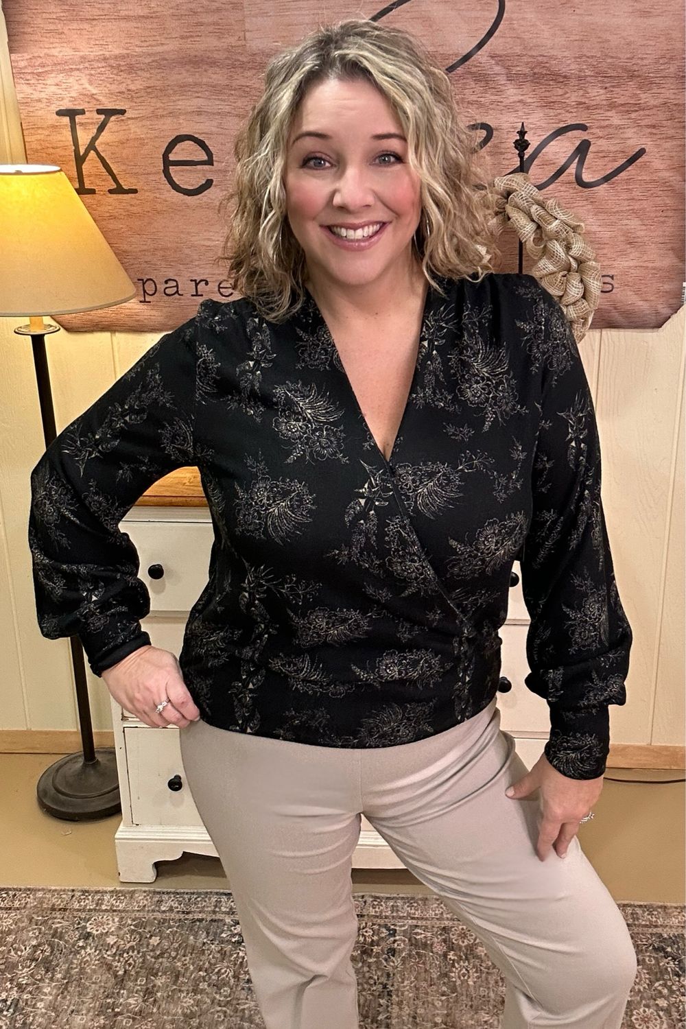 Black Floral Hacci Surplice Top