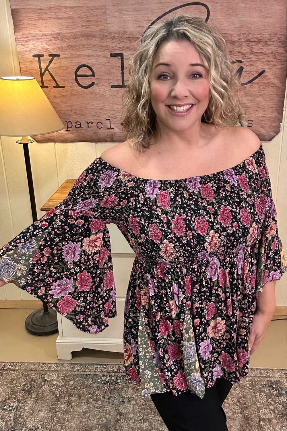 Black Rose Smocked Off Shoulder Blouse