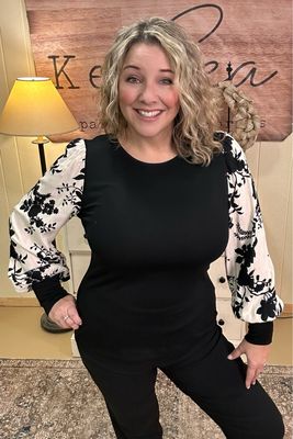 Black &amp; White Floral Sleeve Knit Top