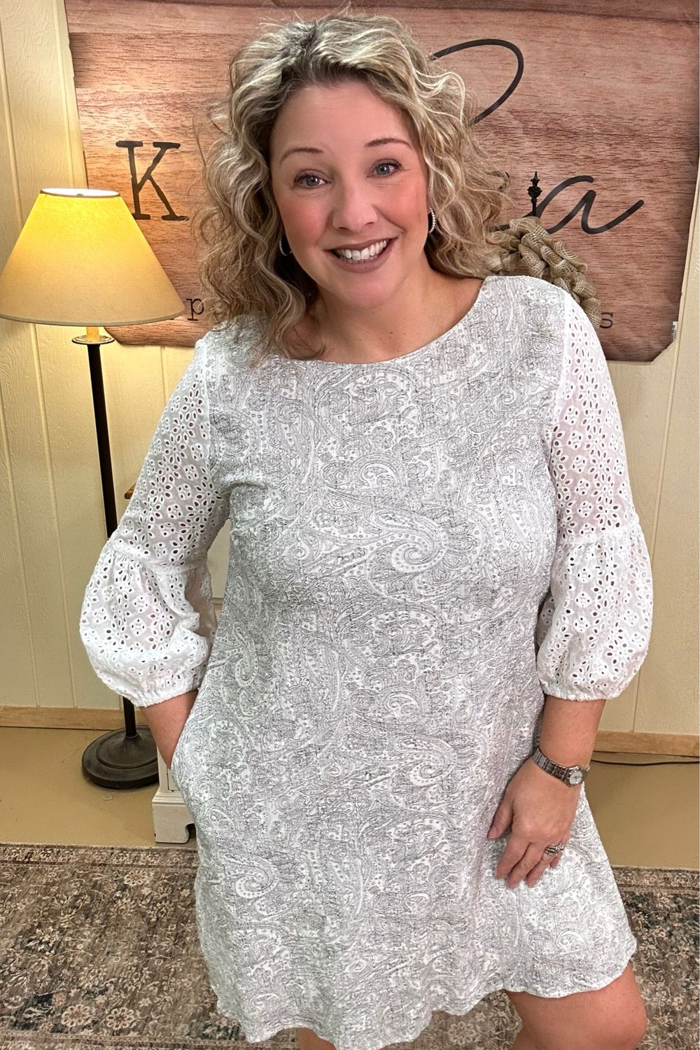 White Eyelet &amp; Paisley Dress