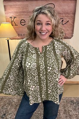 Olive Boho Lace Inset Bell Sleeve Blouse