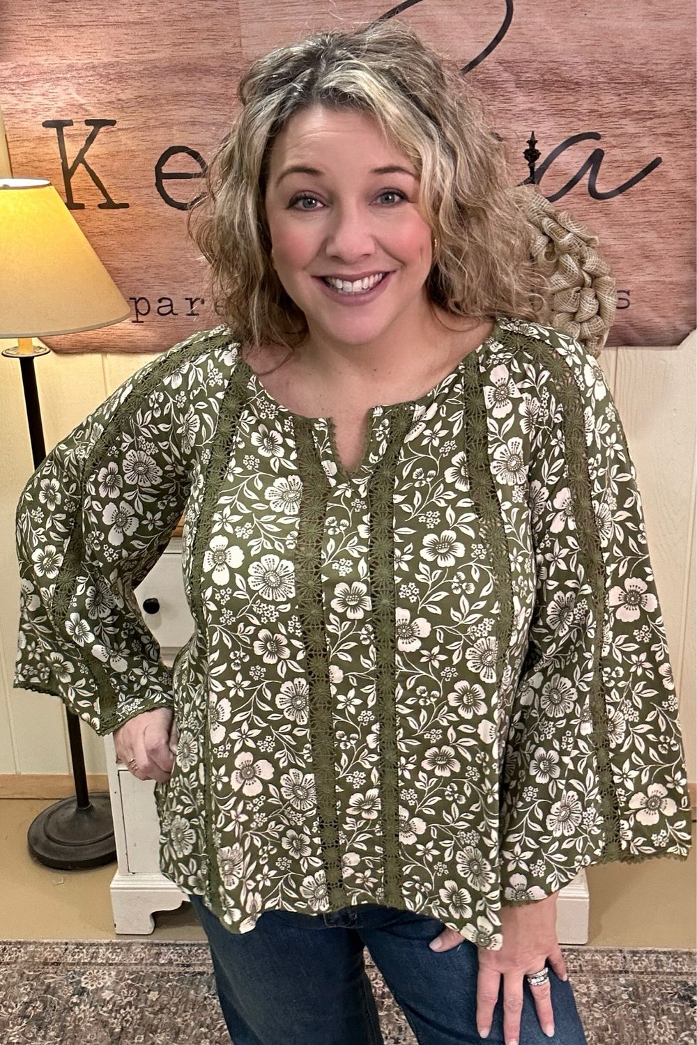 Olive Boho Lace Inset Bell Sleeve Blouse