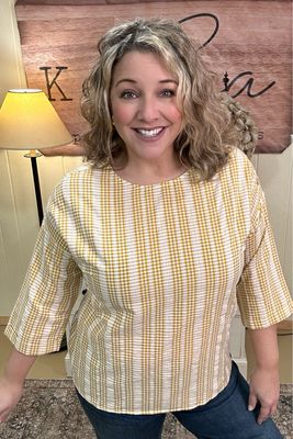 Golden Gingham Button Shoulder Blouse