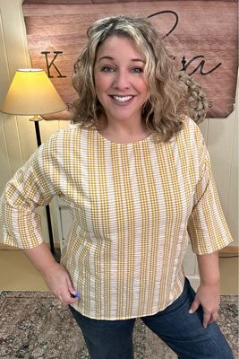 Golden Gingham Button Shoulder Blouse