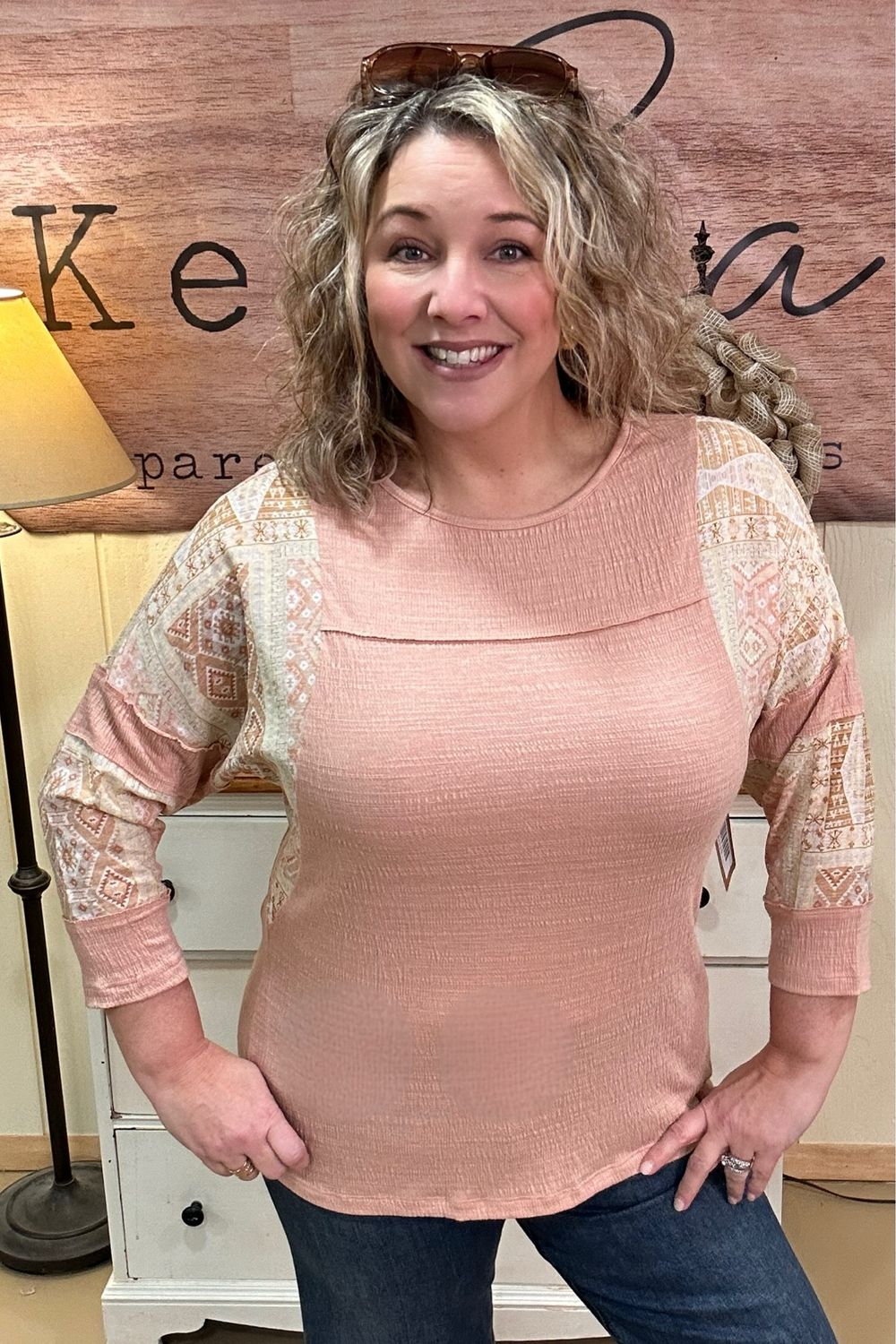 Dusty Peach Patchwork Sleeve Top