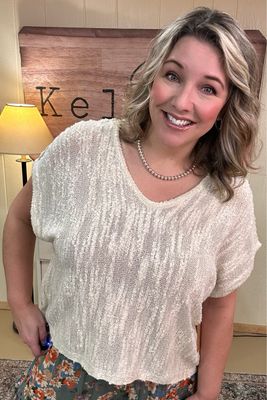 Ivory Shimmer Short Sleeve Sweater