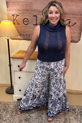White &amp; Navy Floral Wide Leg Pants