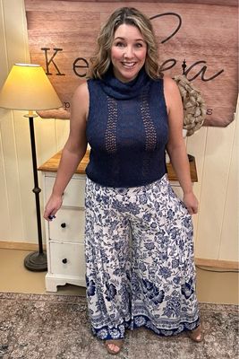 White &amp; Navy Floral Wide Leg Pants