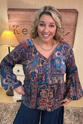 Blue Paisley Patchwork Boho Blouse