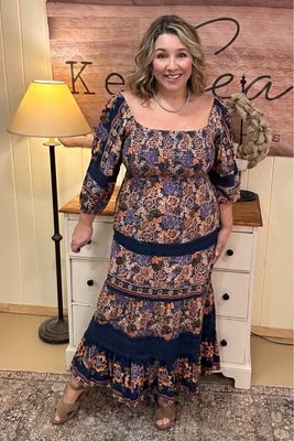 Navy Floral Lace Inset Maxi Dress