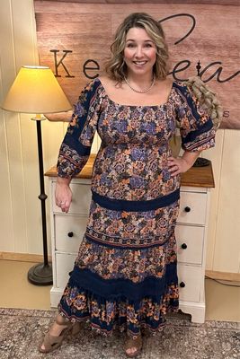 Navy Floral Lace Inset Maxi Dress