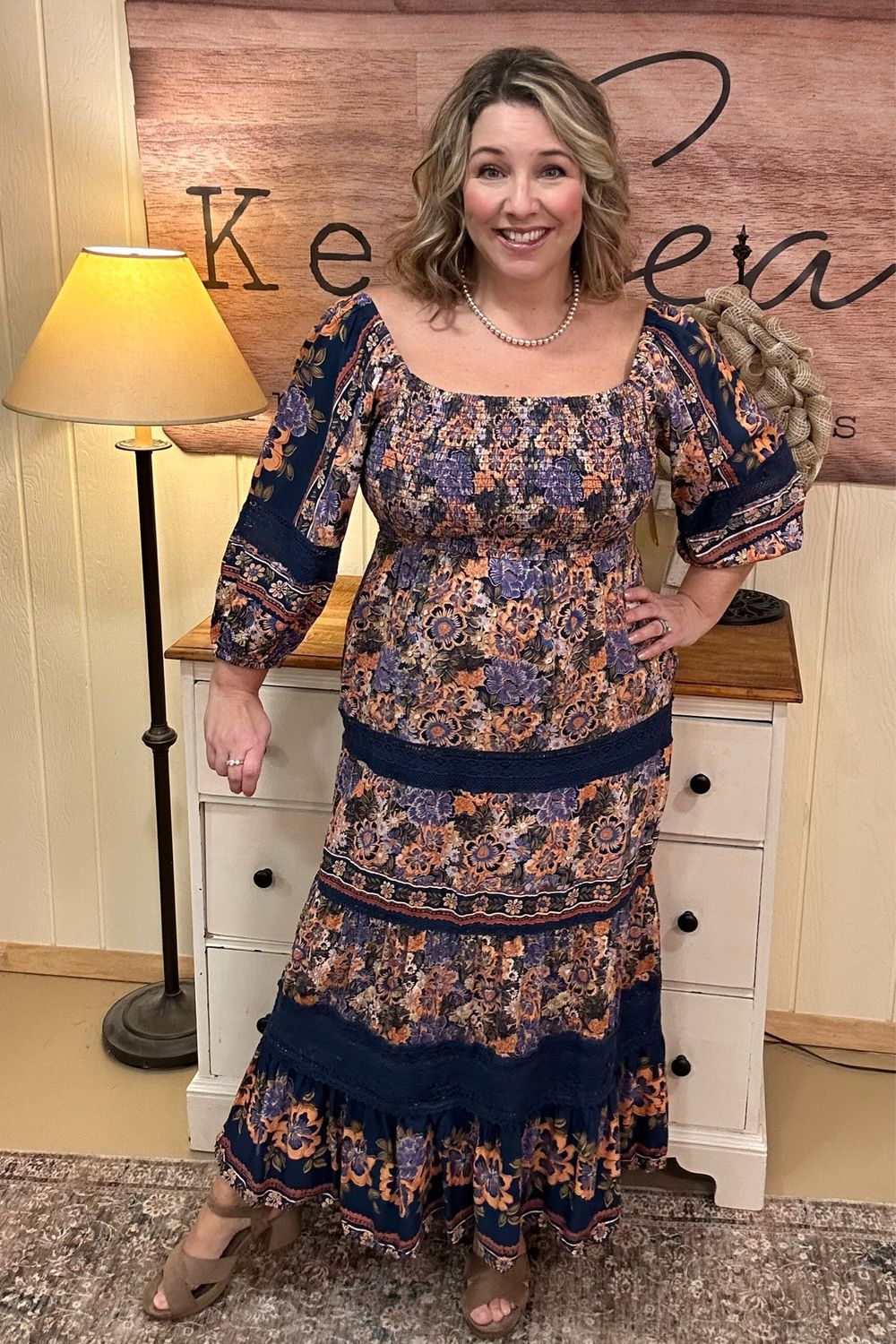 Navy Floral Lace Inset Maxi Dress