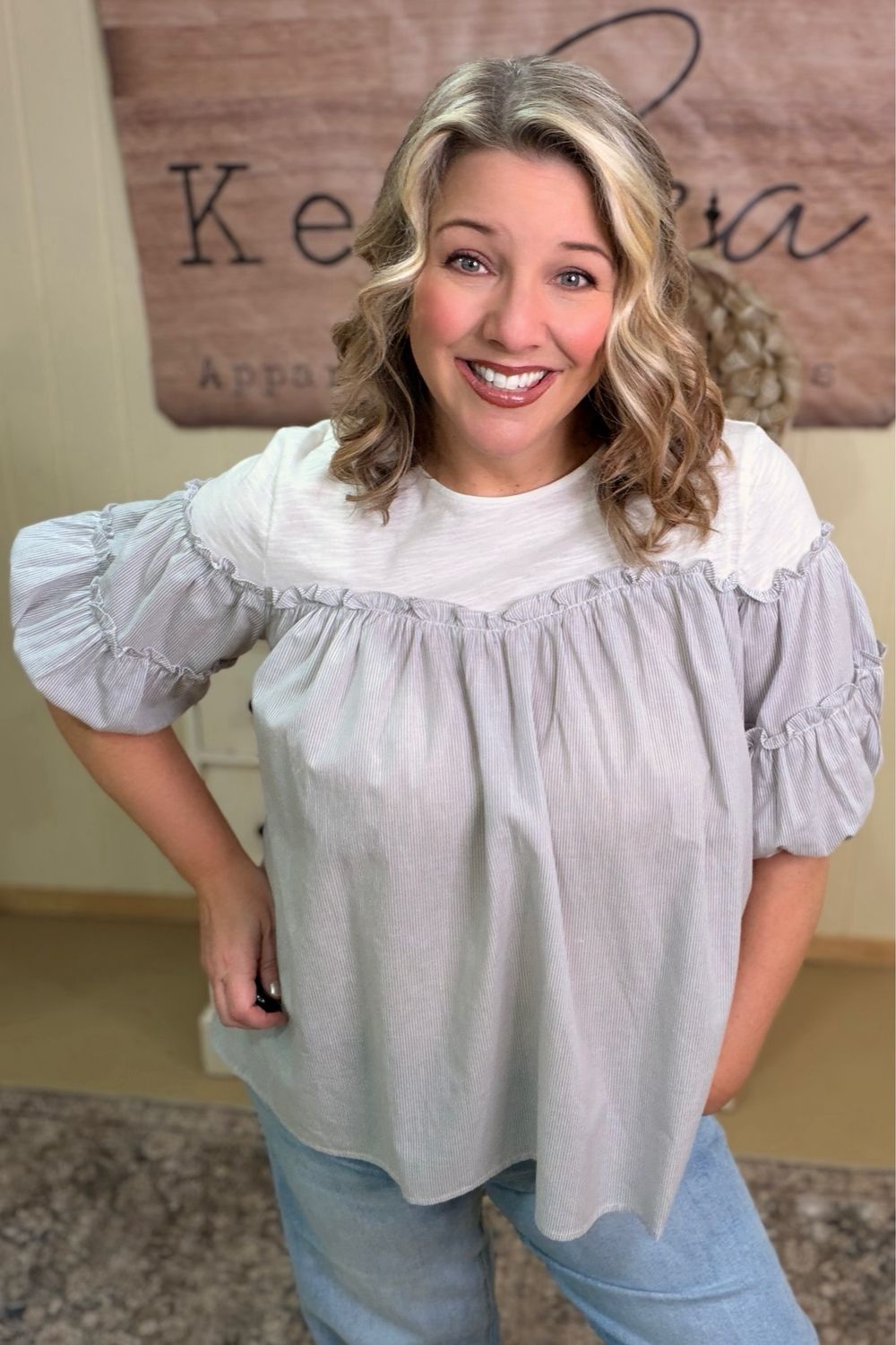 Denim Striped Tiered Ruffle Top