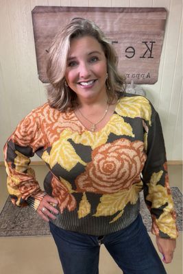 Dark Olive Exaggerated Floral Sweater