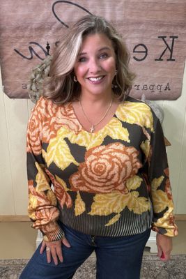 Dark Olive Exaggerated Floral Sweater