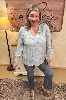 Pale Mint Floral Smocked Detail Blouse