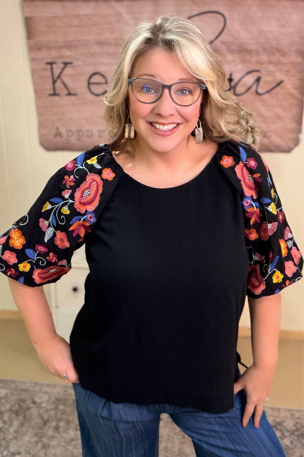 Black Embroidered Floral Sleeve Top