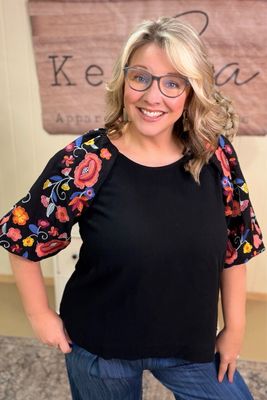 Black Embroidered Floral Sleeve Top