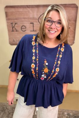 Navy Daisy Chain Peplum Blouse