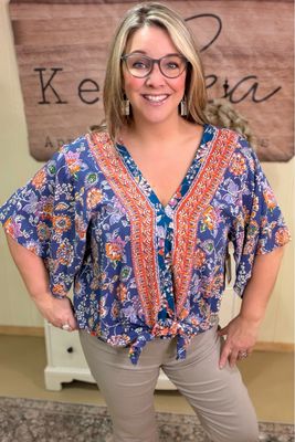 Indigo Island Floral Tie Front Blouse