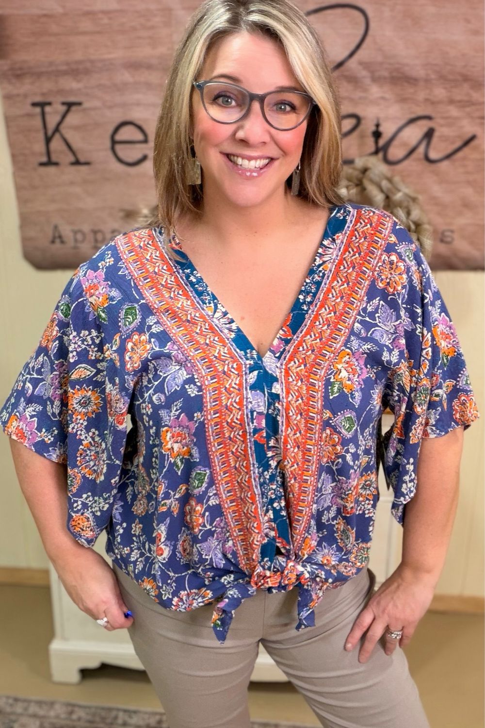 Indigo Island Floral Tie Front Blouse