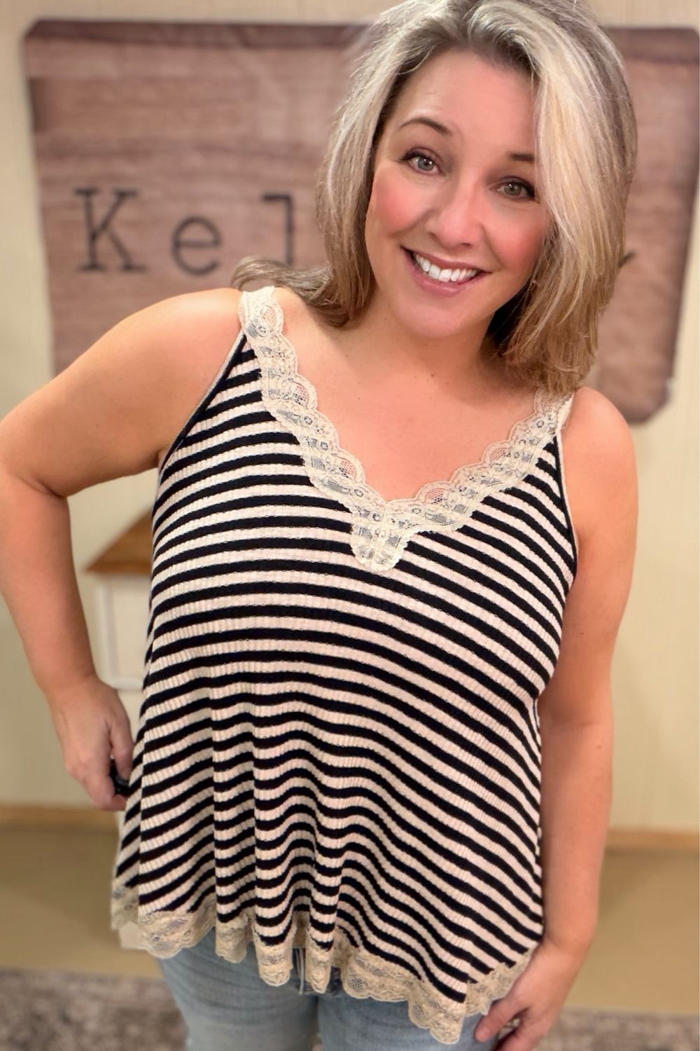 Black Striped Lace Trim Tank