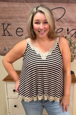 Black Striped Lace Trim Tank