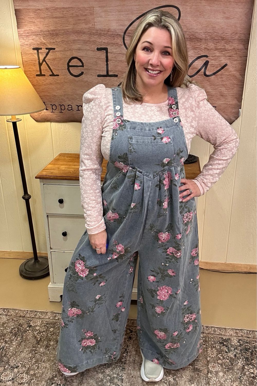 Flower Print Wide Leg Denim Overalls