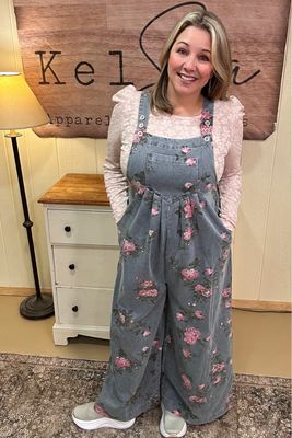 Flower Print Wide Leg Denim Overalls