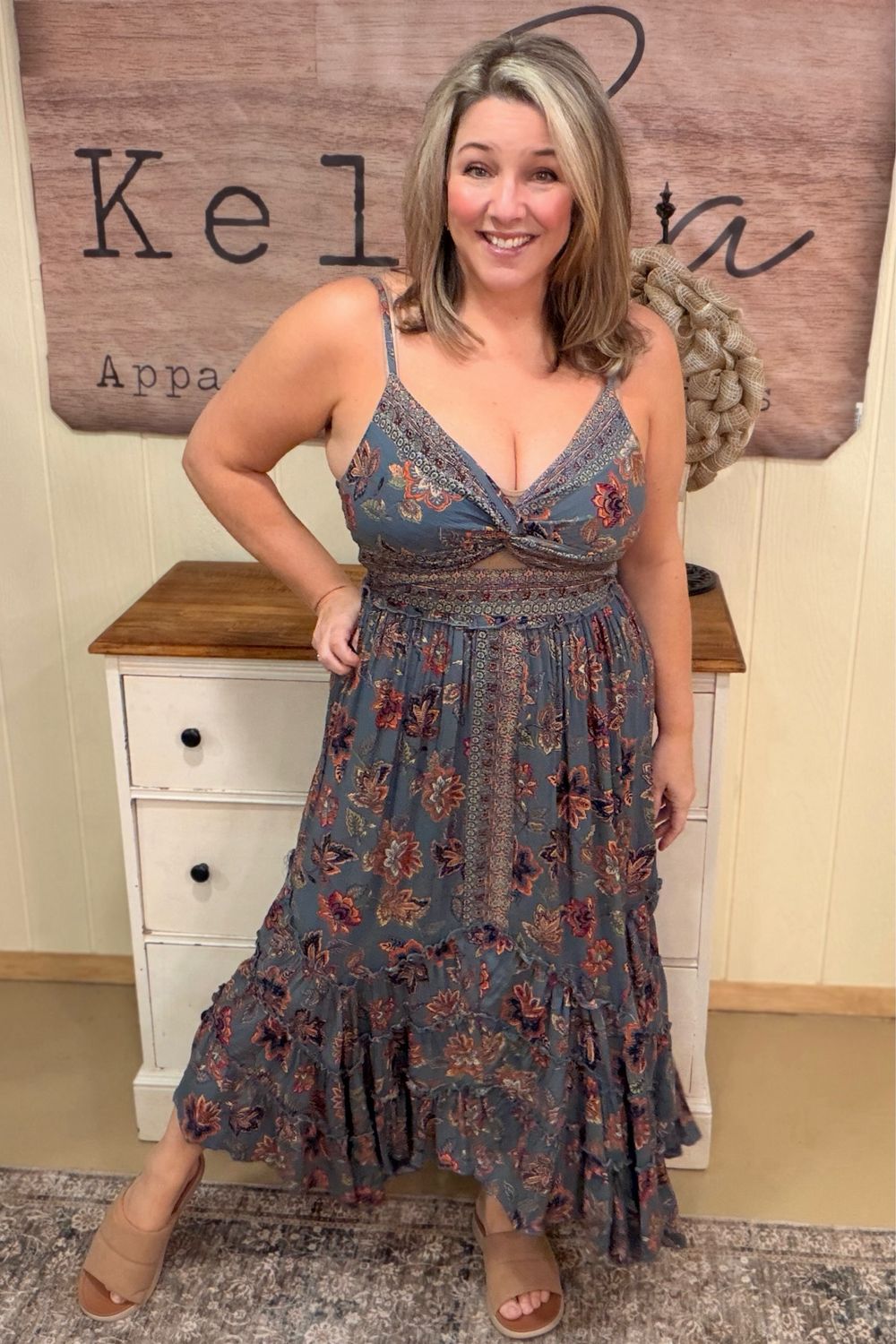 Dusty Blue Boho Floral Twist Front Maxi