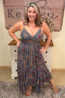 Dusty Blue Boho Floral Twist Front Maxi