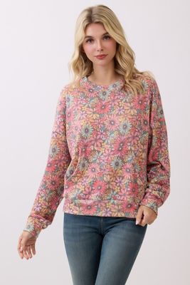 Bright Coral Vintage Floral Ribbed Pullover
