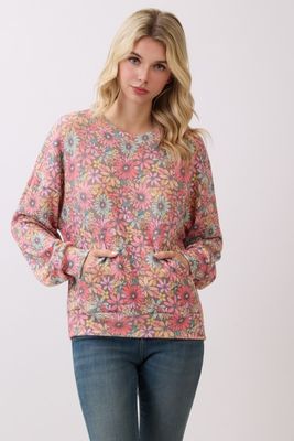 Bright Coral Vintage Floral Ribbed Pullover
