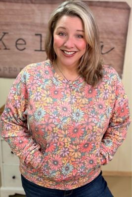 Bright Coral Vintage Floral Ribbed Pullover