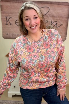 Bright Coral Vintage Floral Ribbed Pullover