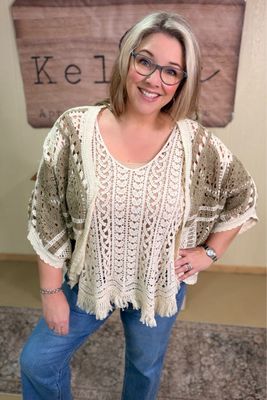 Mocha Boho Crochet Open Cardigan