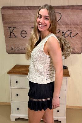 Natural Pearl Studded Crochet Vest