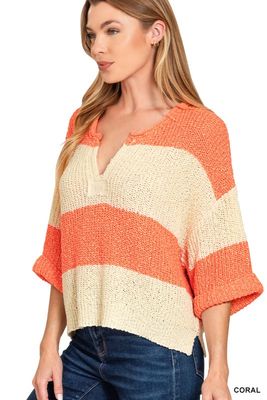 Split Neck Stripe Sweater