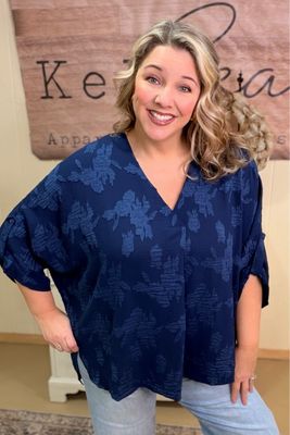 Navy Floral Burnout Oversized Blouse