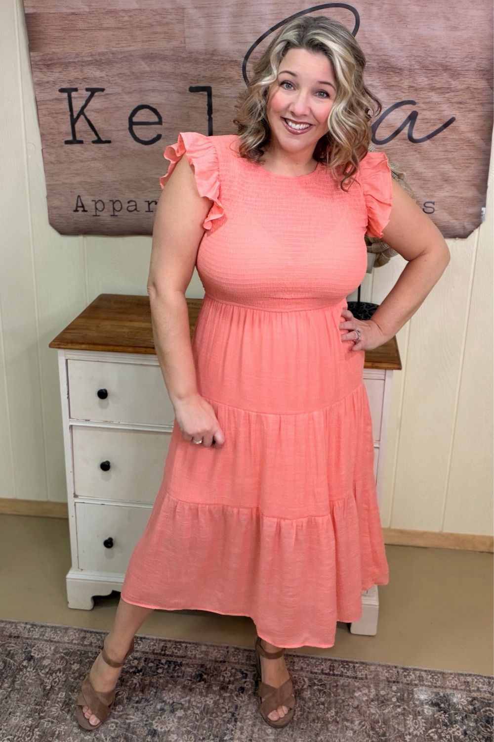 Coral Woven Smocked Midi Dress