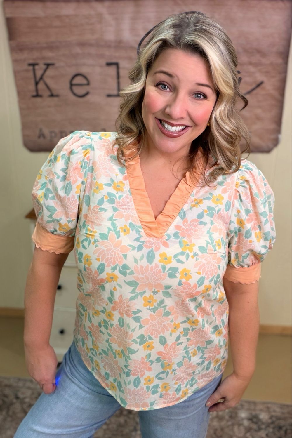 Peach Floral Ruffle Trimmed Blouse