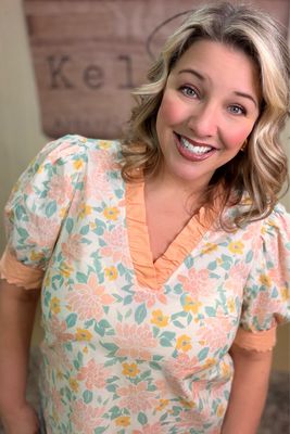 Peach Floral Ruffle Trimmed Blouse