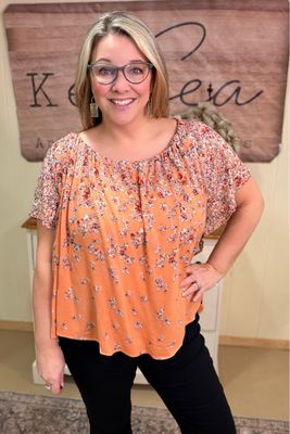 Coral Ditzy Floral Tie Back Blouse