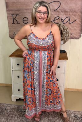 Burnt Coral Floral Smocked Maxi Dress