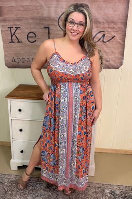 Burnt Coral Floral Smocked Maxi Dress