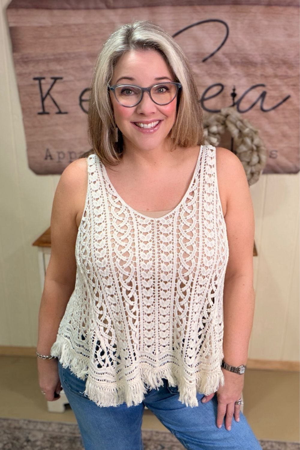 One Size Ivory Crochet Fringe Tank
