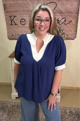 Nautical Navy Linen Blend Top