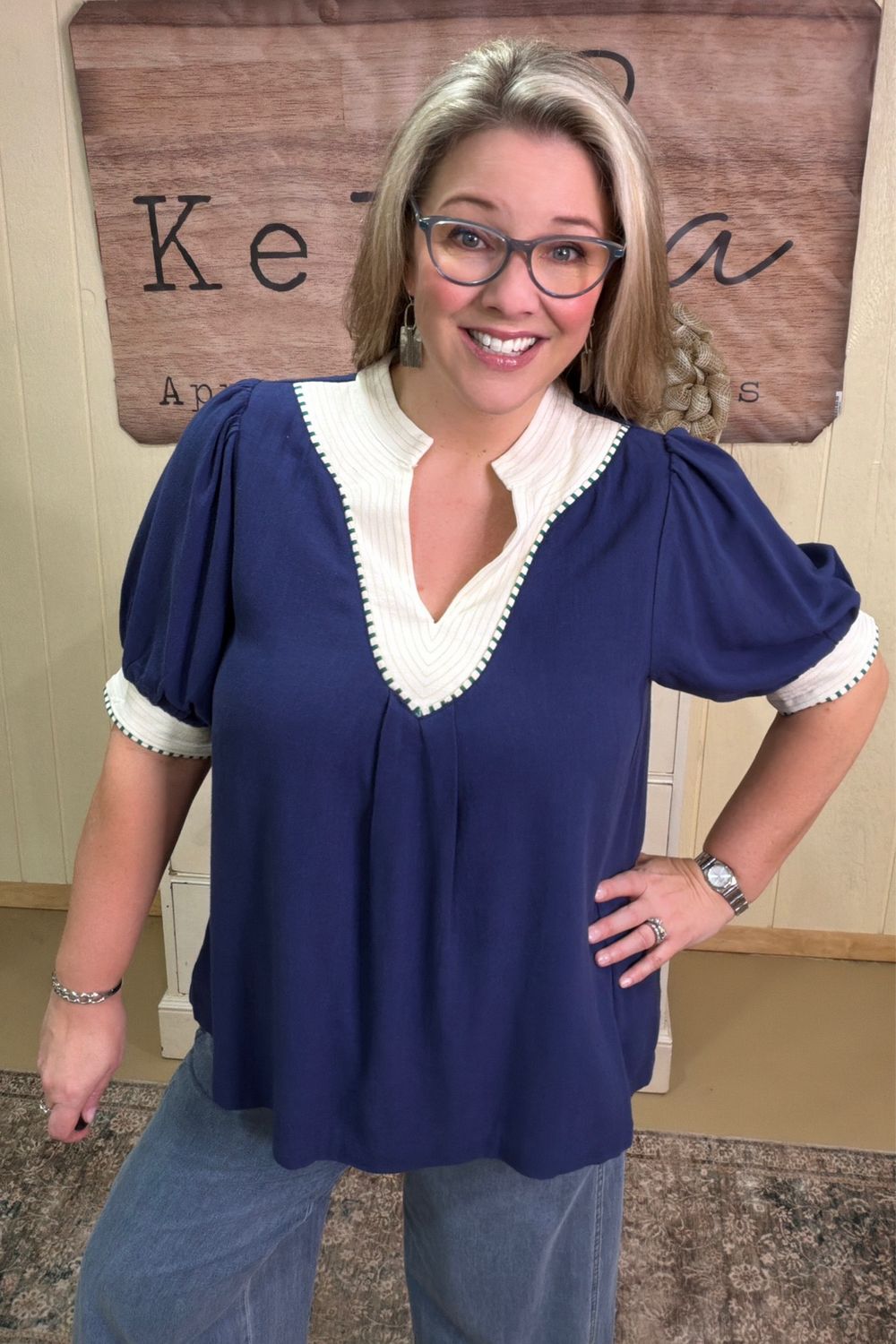 Nautical Navy Linen Blend Top