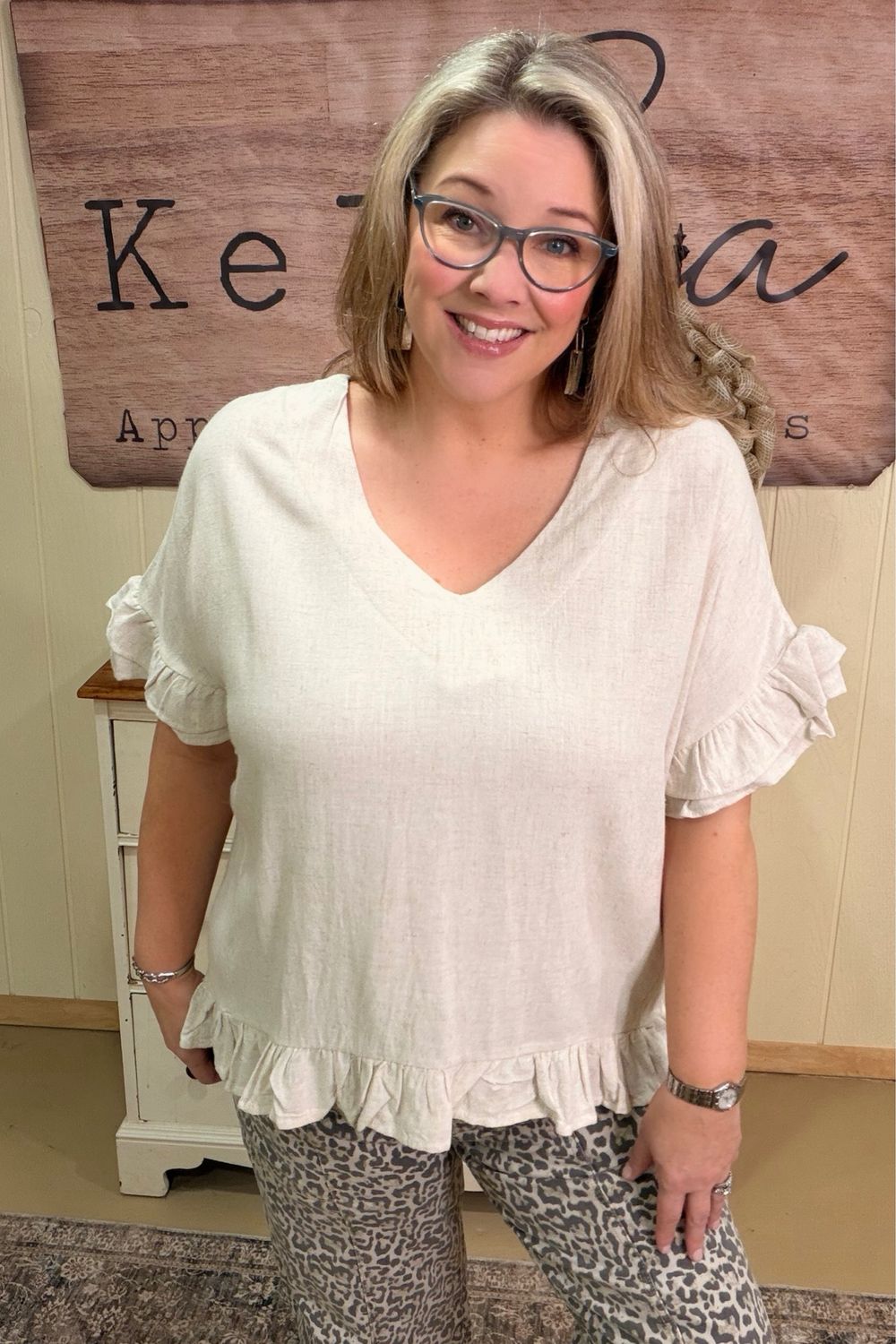 Oat Ruffled Linen Blend Top