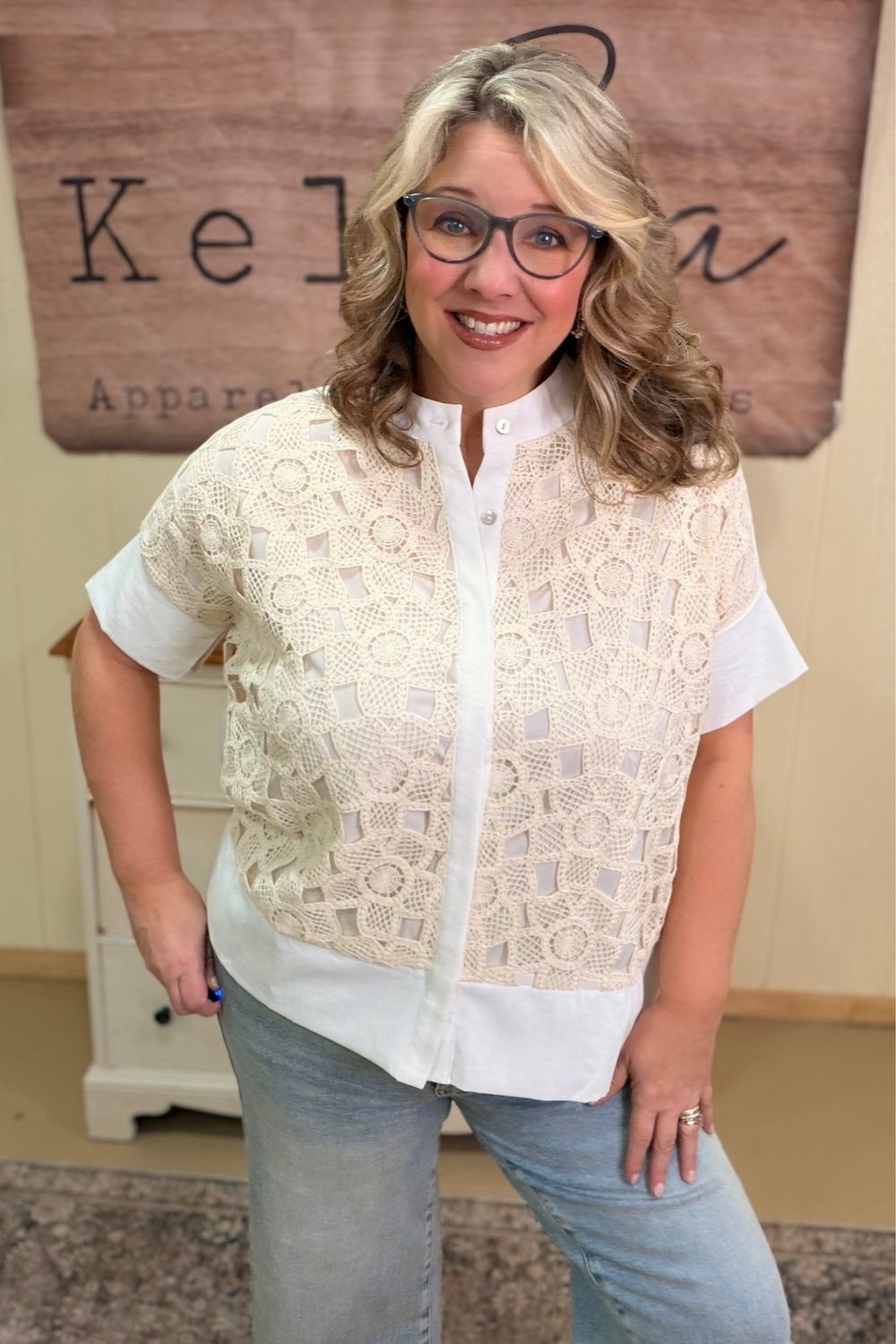 White Natural Crochet Button Down